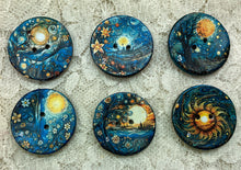Load image into Gallery viewer, 1.18” Buttons- Celestial moons and sun-Van Gogh styles-assorted-Great Adirondack-handcrafted-price is per