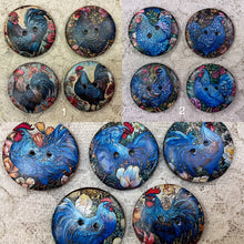 Load image into Gallery viewer, 1.18” Buttons-Blue Roosters and Hens- assorted- Handcrafted -price is per button