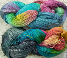 Load image into Gallery viewer, Silk Cotton Fingering Wt yarn 434 yds Hand Dyed -Songbird-Watercolors-Great Adirondack