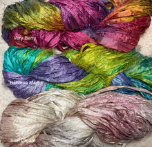 Load image into Gallery viewer, Sari Silk Yarn -50 yds- hand dyed colors-Very Berry-Bahama Mama- Irish Cream- Great Adirondack