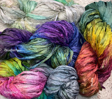Load image into Gallery viewer, Sari Silk Yarn -50 yds- hand dyed colors- Beach House-Blueberry-Songbird-Kenya-Great Adirondack