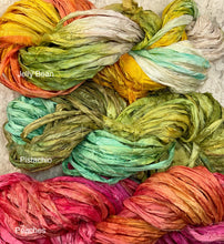 Load image into Gallery viewer, Sari Silk Yarn -50 yds- hand dyed colors- Jellybean-Pistachio-Peaches -Great Adirondack