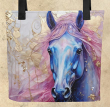 Load image into Gallery viewer, Colorful Horse Totes-15” x 15”-Fantasy Horse Prints-craft tote-knitting bag-grocery tote-beach bag-assorted colors-price is per tote