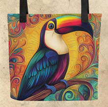 Load image into Gallery viewer, Colorful Birds Tote- 15” x15”-Tropical birds-hummingbirds- assorted prints-craft tote-grocery tote-book bag-beach tote-