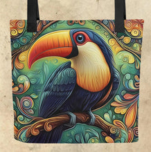 Load image into Gallery viewer, Colorful Birds Tote- 15” x15”-Tropical birds-hummingbirds- assorted prints-craft tote-grocery tote-book bag-beach tote-