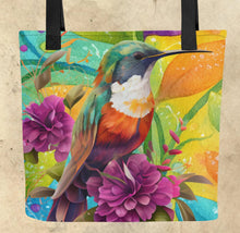 Load image into Gallery viewer, Colorful Birds Tote- 15” x15”-Tropical birds-hummingbirds- assorted prints-craft tote-grocery tote-book bag-beach tote-