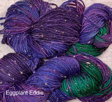 Load image into Gallery viewer, Tweedy Dk Merino superwash-232 yds-maple leaf-jelly bean- eggplant eddie-bronzite-Hand Dyed colors-Great Adirondack