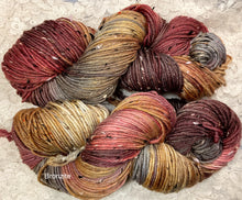 Load image into Gallery viewer, Tweedy Dk Merino superwash-232 yds-maple leaf-jelly bean- eggplant eddie-bronzite-Hand Dyed colors-Great Adirondack