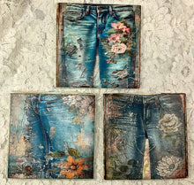 Load image into Gallery viewer, Drink Coaster -Ceramic Tile-Vintage prints- hippie blue jeans-4.25” x4.25”  Great Adirondack Yarn co.