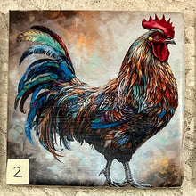 Load image into Gallery viewer, Drink coaster- Ceramic Tile- Vibrant Roosters-1-6- 4.25” x4.25” coasters  - Great Adirondack Yarn co.