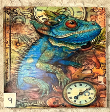 Load image into Gallery viewer, Drink coaster- Ceramic Tile- decoupaged-Steampunk Chameleons 9-14-4.25” x4.25” coasters  - Great Adirondack Yarn co.