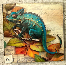 Load image into Gallery viewer, Drink coaster- Ceramic Tile- decoupaged-Steampunk Chameleons 9-14-4.25” x4.25” coasters  - Great Adirondack Yarn co.
