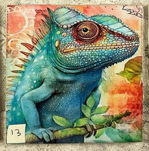 Load image into Gallery viewer, Drink coaster- Ceramic Tile- decoupaged-Steampunk Chameleons 9-14-4.25” x4.25” coasters  - Great Adirondack Yarn co.