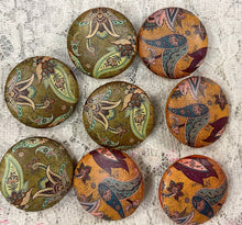 Load image into Gallery viewer, 1.18” Leather Buttons -vintage Paisley Prints- olives-maize-Handcrafted- Great Adirondack