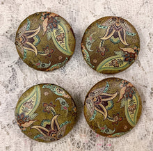 Load image into Gallery viewer, 1.18” Leather Buttons -vintage Paisley Prints- olives-maize-Handcrafted- Great Adirondack