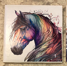 Load image into Gallery viewer, Drink Coaster- Ceramic Tile -Rainbow horses-1 thru 4 -4.25” x4.25” - Great Adirondack Yarn