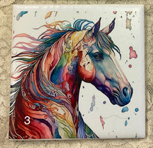 Load image into Gallery viewer, Drink Coaster- Ceramic Tile -Rainbow horses-1 thru 4 -4.25” x4.25” - Great Adirondack Yarn