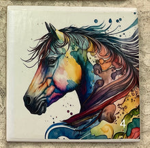 Load image into Gallery viewer, Drink Coaster- Ceramic Tile -Rainbow horses-1 thru 4 -4.25” x4.25” - Great Adirondack Yarn