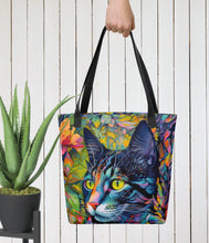 Load image into Gallery viewer, Floral cat tote bag, 15" x15",knitting bag, purse, carryall, beach tote, grocery tote