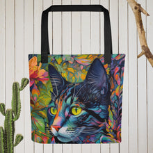 Load image into Gallery viewer, Floral cat tote bag, 15" x15",knitting bag, purse, carryall, beach tote, grocery tote