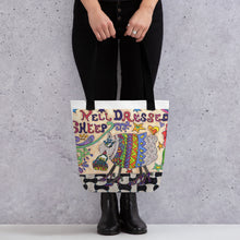 Load image into Gallery viewer, Well Dressed Sheep Tote bag- 15"x15"- knitting bag--grocery tote--beach tote-original artwork