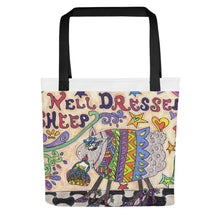 Load image into Gallery viewer, Well Dressed Sheep Tote bag- 15"x15"- knitting bag--grocery tote--beach tote-original artwork