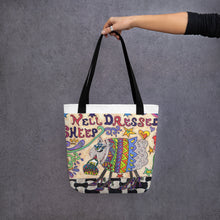 Load image into Gallery viewer, Well Dressed Sheep Tote bag- 15"x15"- knitting bag--grocery tote--beach tote-original artwork