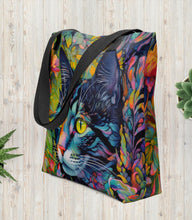 Load image into Gallery viewer, Floral cat tote bag, 15" x15",knitting bag, purse, carryall, beach tote, grocery tote