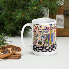 Load image into Gallery viewer, Well Dressed Sheep Ceramic Mug, original artwork from Great Adirondack Yarn, 15 fluid oz, funny sheep mug, coffee mug