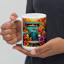 Load image into Gallery viewer, Hippie Car - Flowers-White glossy mug-Great Adirondack Yarn