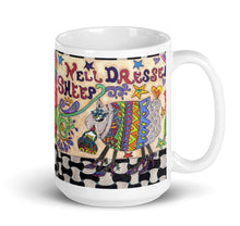Load image into Gallery viewer, Well Dressed Sheep Ceramic Mug, original artwork from Great Adirondack Yarn, 15 fluid oz, funny sheep mug, coffee mug