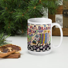 Load image into Gallery viewer, Well Dressed Sheep Ceramic Mug, original artwork from Great Adirondack Yarn, 15 fluid oz, funny sheep mug, coffee mug