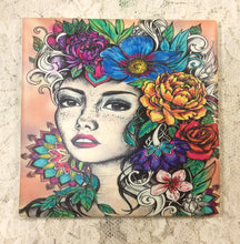 Load image into Gallery viewer, Drink coaster-Ceramic Tile art nouveau woman’s faces 4.25” x4.25” original colorwork Great Adirondack Yarn co.