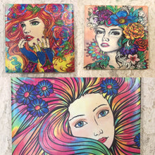 Load image into Gallery viewer, Drink coaster-Ceramic Tile art nouveau woman’s faces 4.25” x4.25” original colorwork Great Adirondack Yarn co.
