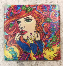 Load image into Gallery viewer, Drink coaster-Ceramic Tile art nouveau woman’s faces 4.25” x4.25” original colorwork Great Adirondack Yarn co.