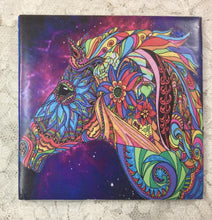 Load image into Gallery viewer, Drink coaster- Ceramic Tile-Spirit Horses 4.25” x4.25” original colorwork Great Adirondack Yarn co.