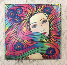 Load image into Gallery viewer, Drink coaster-Ceramic Tile art nouveau woman’s faces 4.25” x4.25” original colorwork Great Adirondack Yarn co.