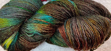 Load image into Gallery viewer, Sparkle Sock yarn -gold-single ply -merino 417 yds-colors-Black Fire-Speckled Pheasant
