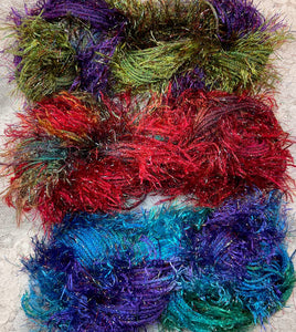 Novelty  Fringe Yarn with Crystal Flash -75 yds -Hand Dyed Colors-Sage-Chilipeppers-Hydrangea-Great Adirondack