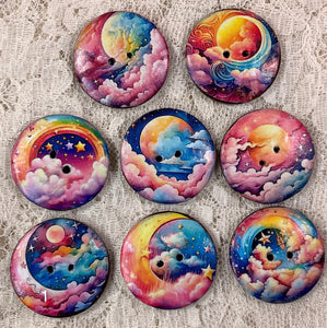 1.18” Button-Rainbow celestial moon and stars- assorted- Handcrafted -Great Adirondack-price is per button