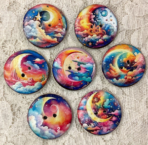 1.18” Button-Rainbow celestial moon and stars- assorted- Handcrafted -Great Adirondack-price is per button