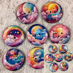 1.18” Button-Rainbow celestial moon and stars- assorted- Handcrafted -Great Adirondack-price is per button