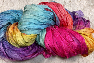 Sari Silk Yarn -50 yds- hand dyed color -Rainbow- Great Adirondack