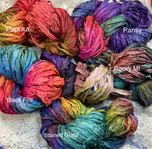 Load image into Gallery viewer, Sari Silk Yarn -50 yds- colors-Pansy-Black Fire-Paprika-Stained Glass-Rocky mt- Great Adirondack
