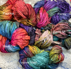 Sari Silk Yarn -50 yds- colors-Pansy-Black Fire-Paprika-Stained Glass-Rocky mt- Great Adirondack
