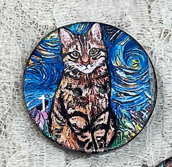 1.18” Buttons- Assorted cats-Van Gogh style - assorted- Handcrafted -price is per button