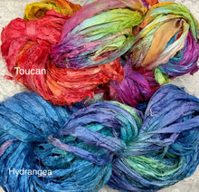 Load image into Gallery viewer, Sari Silk Yarn -50 yds- hand dyed colors-Toucan-Hydrangea- Great Adirondack
