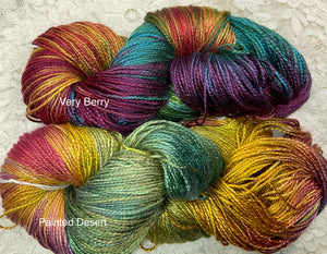 Silk Bamboo sport wt Yarn 325 yds Hand Dyed Colors-Very Berry-Painted Desert -Great Adirondack
