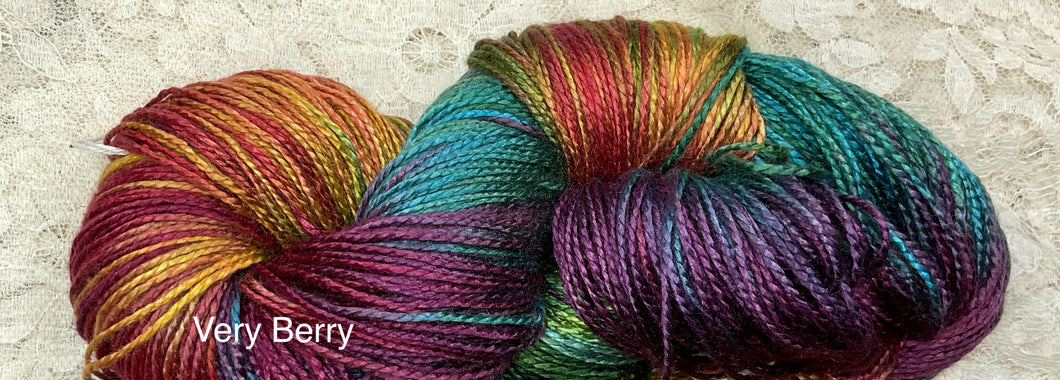 Silk Bamboo sport wt Yarn 325 yds Hand Dyed Colors-Very Berry-Painted Desert -Great Adirondack