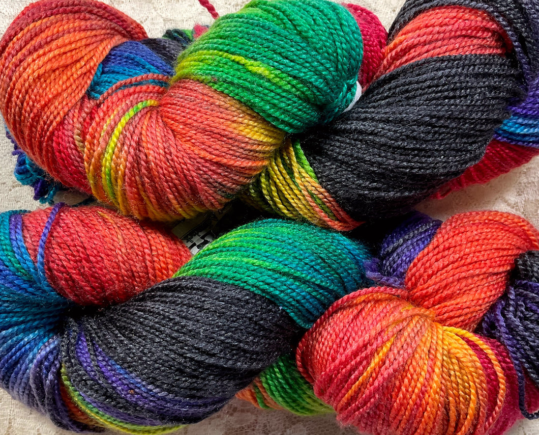 Silk merino fingering wt yarn-399 yds-Black Fire-Hand Dyed -Great Adirondack
